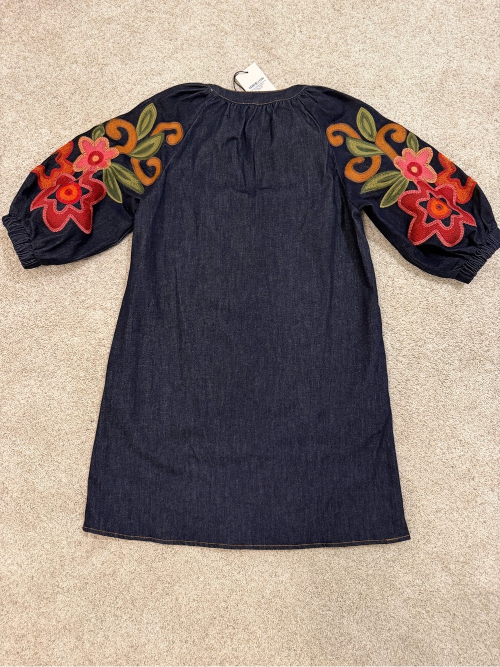 THML denim embroidered puff sleeve mini dress sz XS - Picture 4 of 8